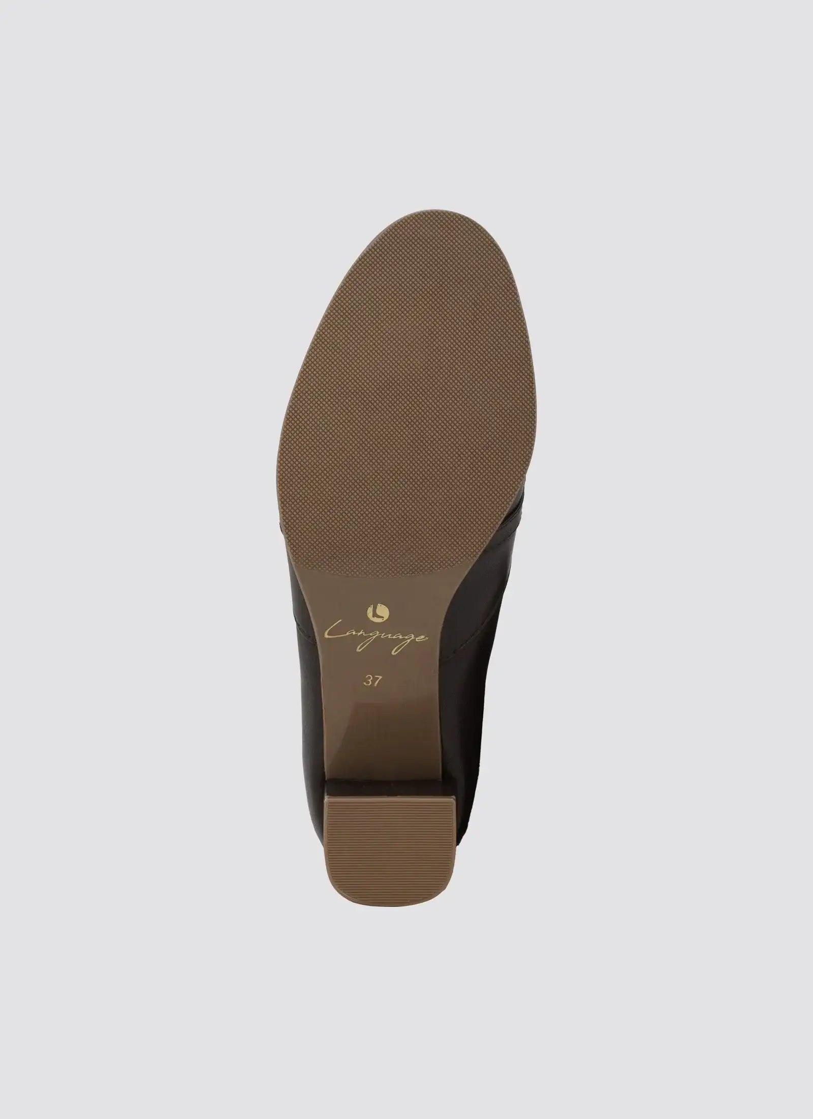 Brown womenβs shoe sole with textured tread and block heel, size 37, on white background