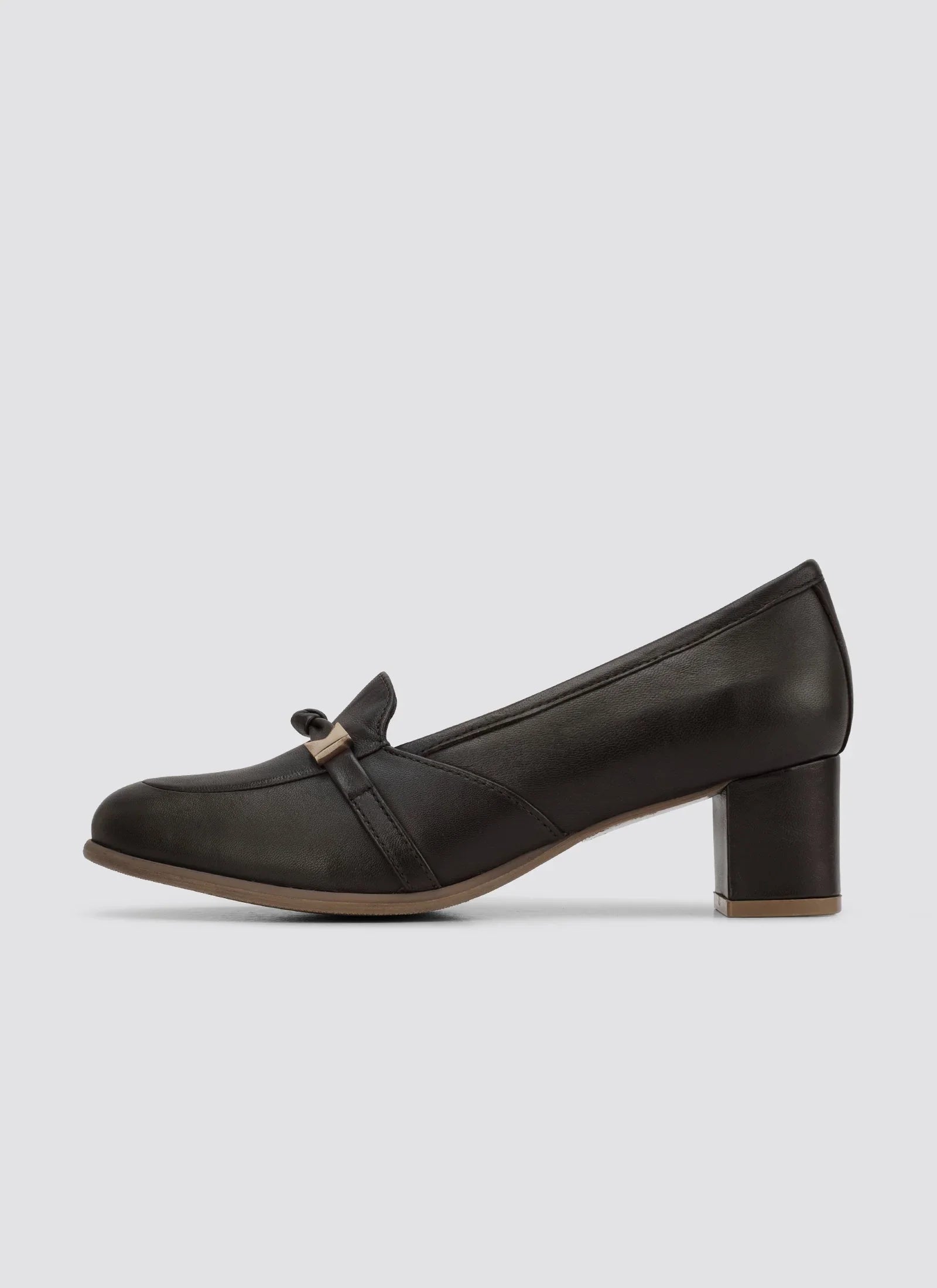 Brown leather heeled loafer for women with bow detail and block heel on white background