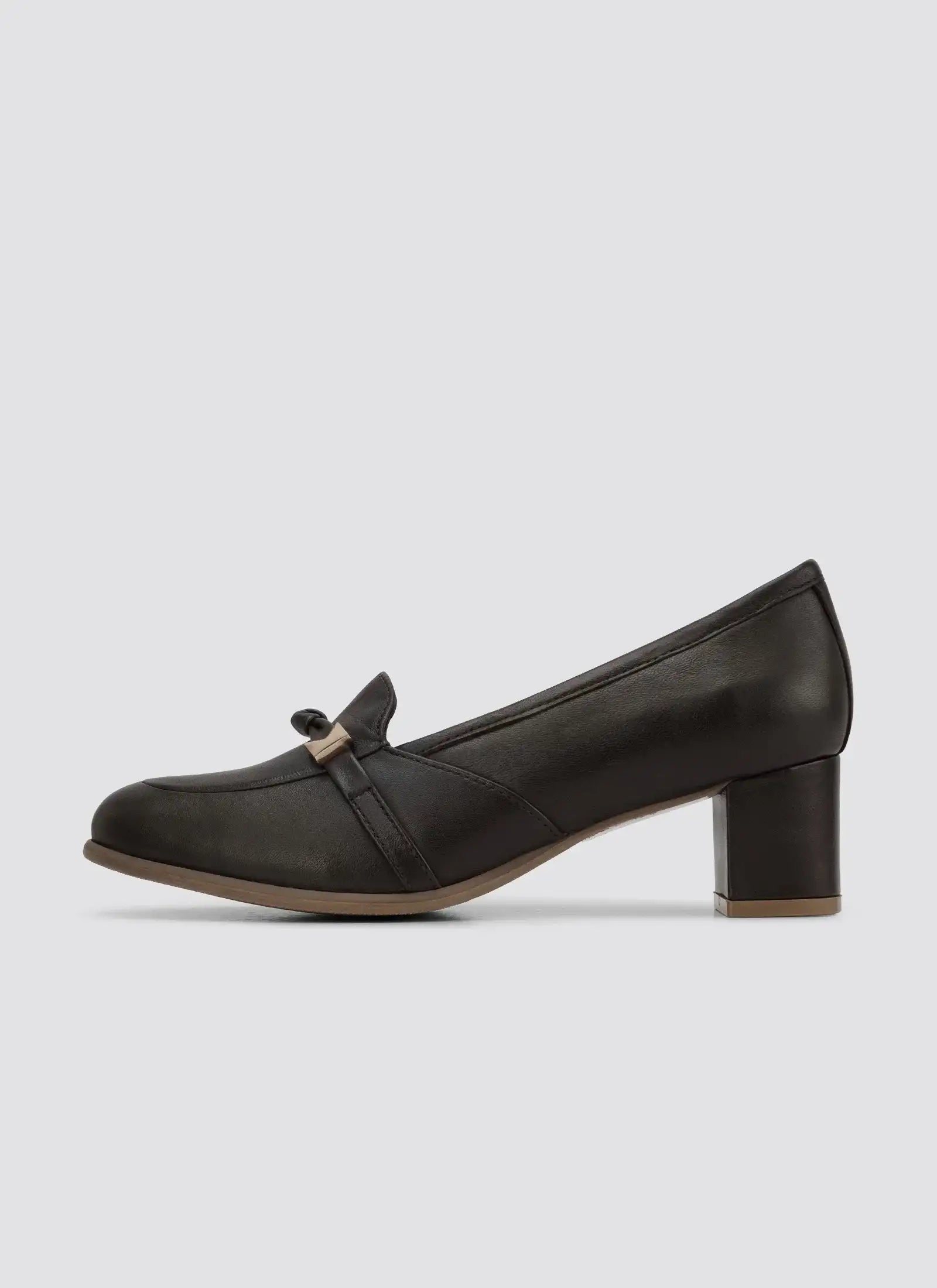 Brown leather heeled loafer for women with bow detail and block heel on white background
