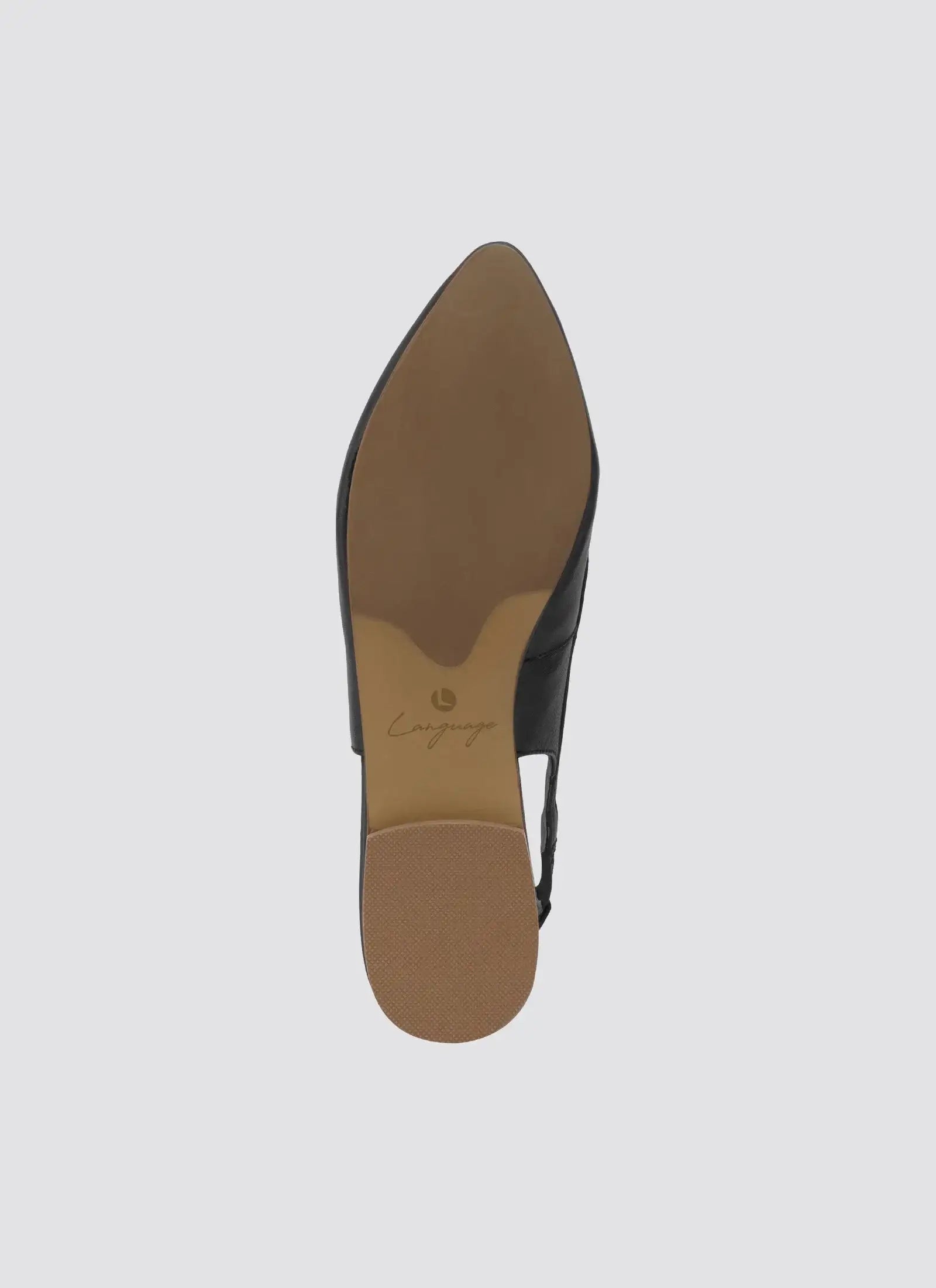 Sole view of a pointed toe women's maroon leather dress shoe on white background