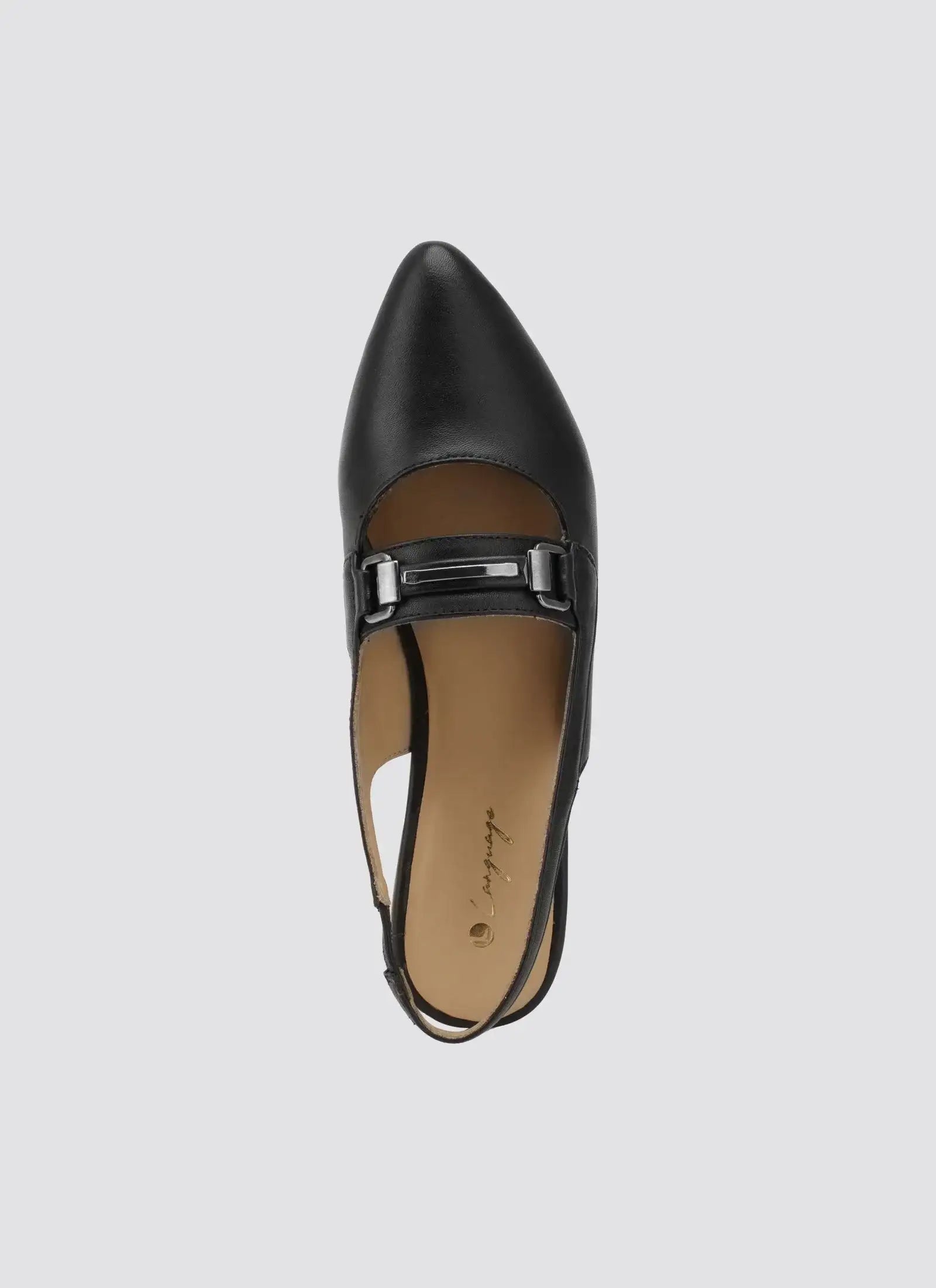 Top view of a black pointed-toe women's leather flat with buckle strap