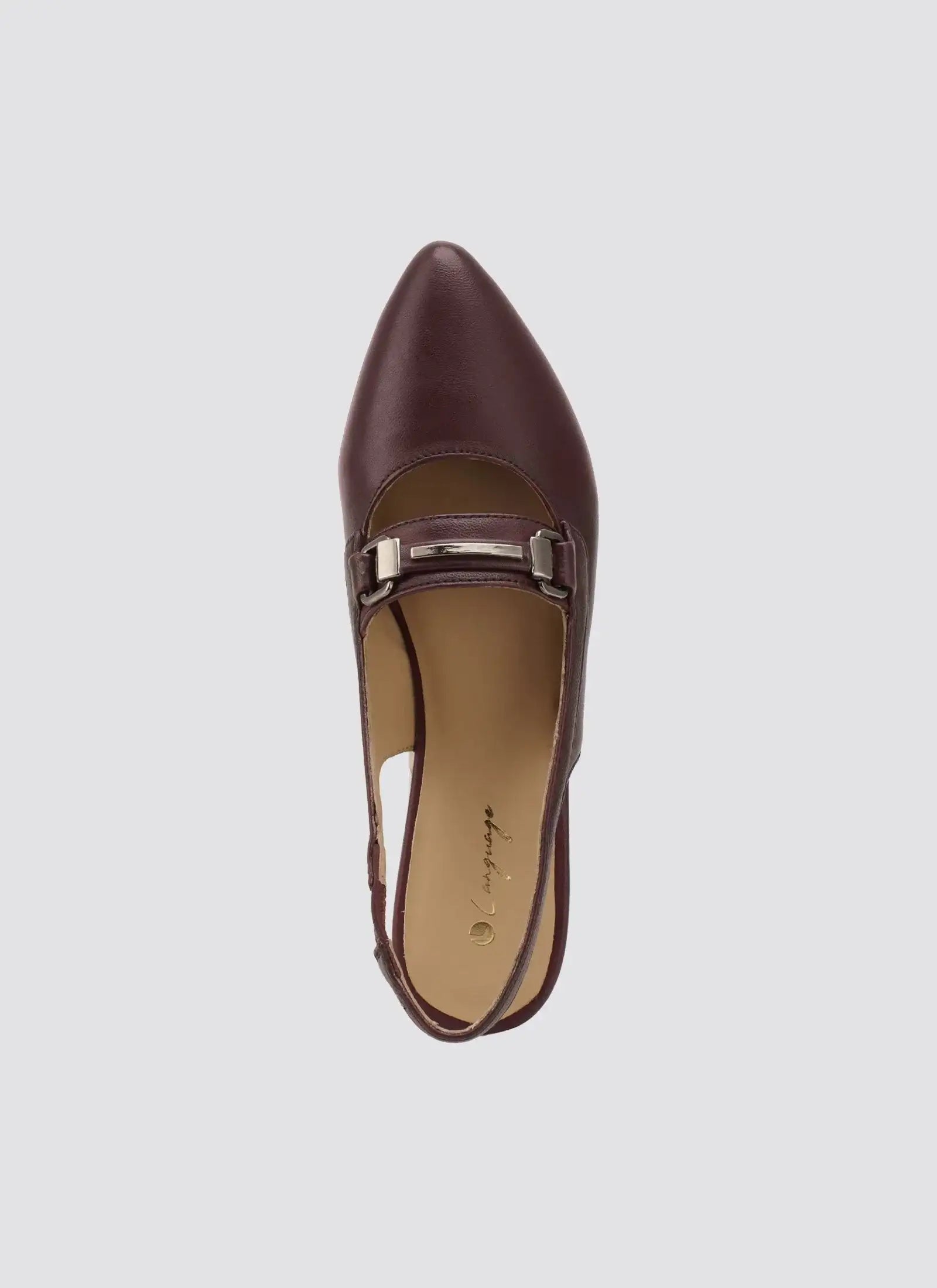 Maroon women's pointed toe leather slingback shoe with metal buckle detail, top view