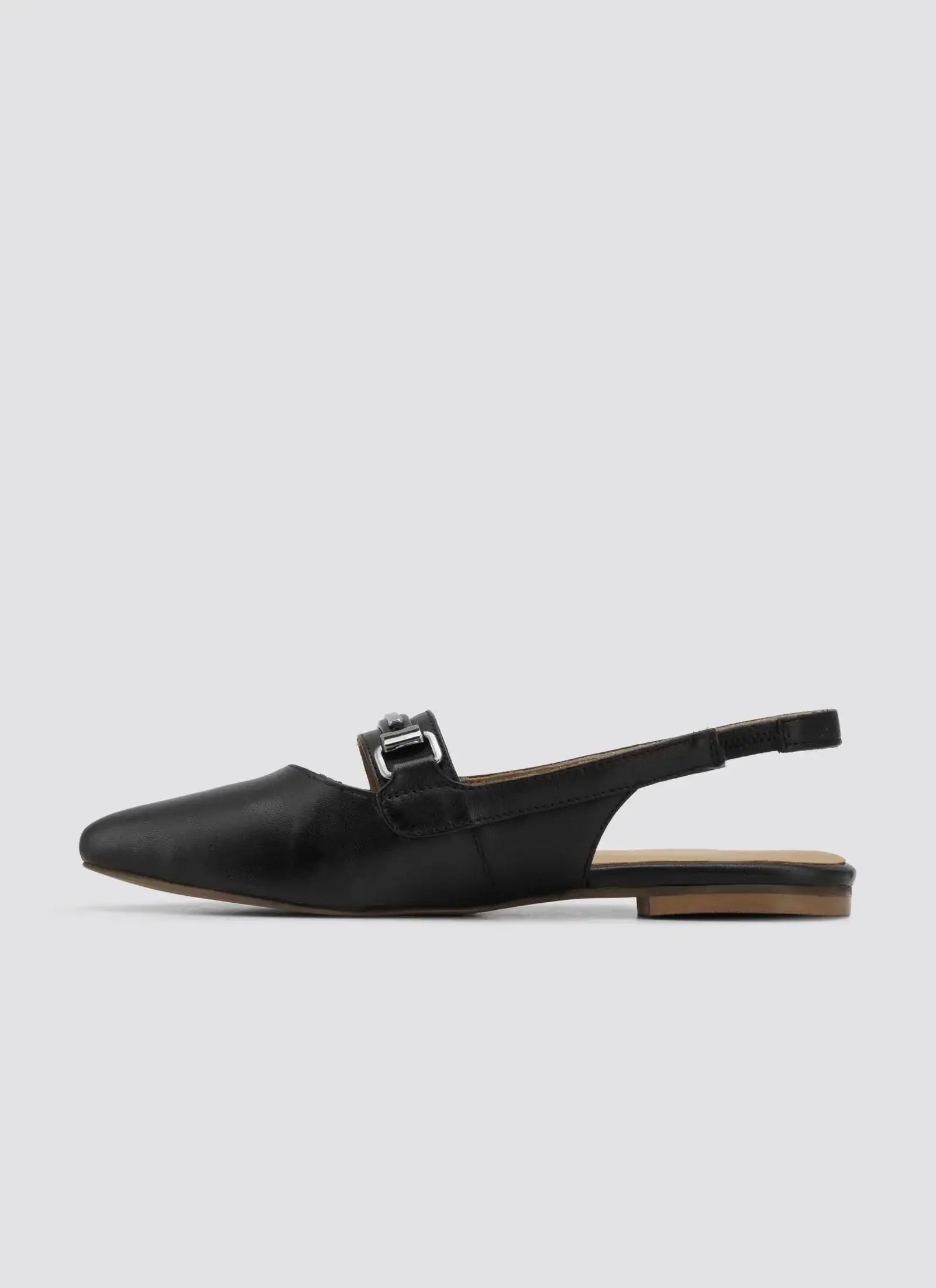 Black pointed toe slingback flat shoe with buckle detail for women on white background