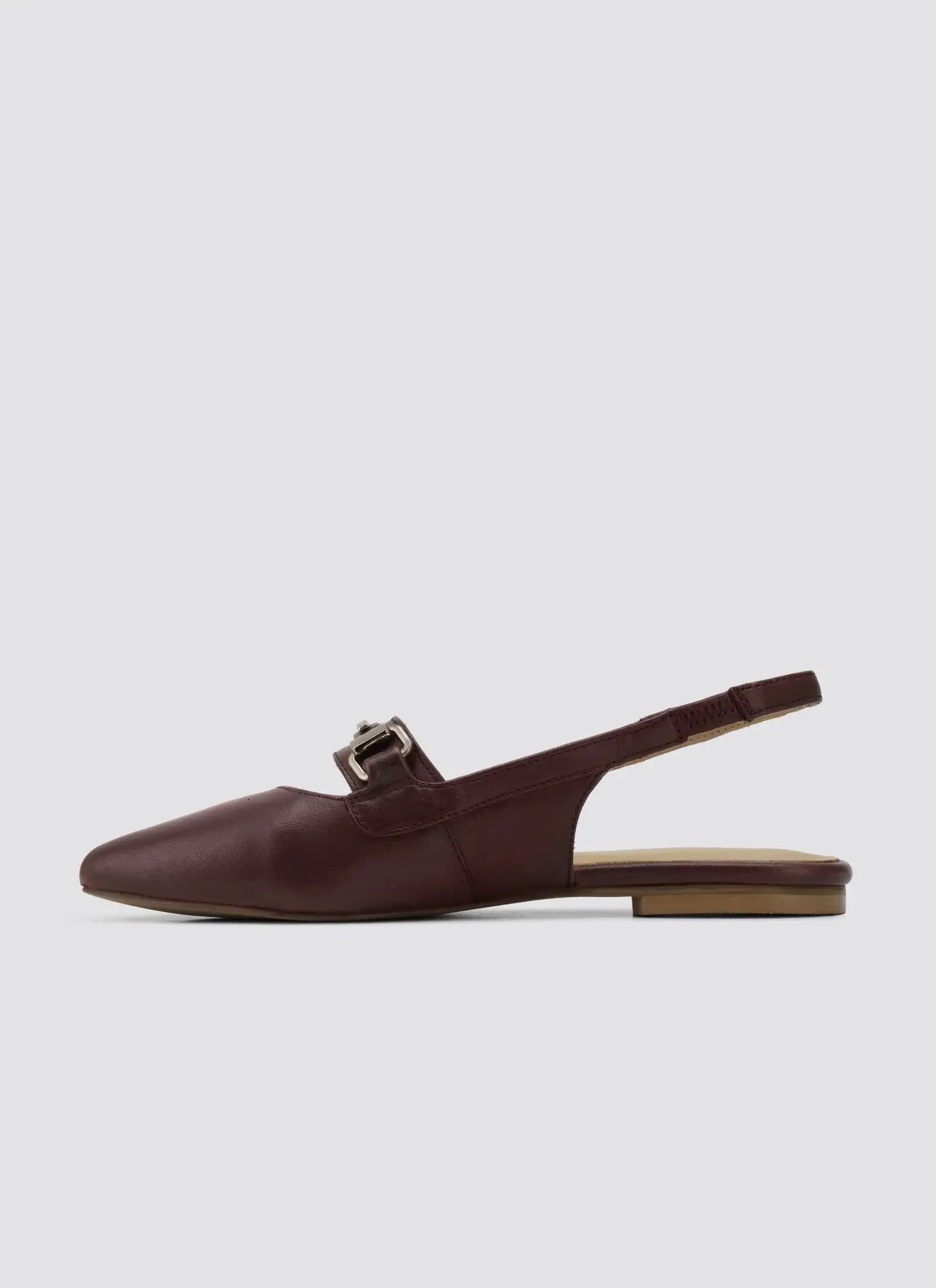 Maroon leather women's slingback flat shoe with buckle detail, side view on white background