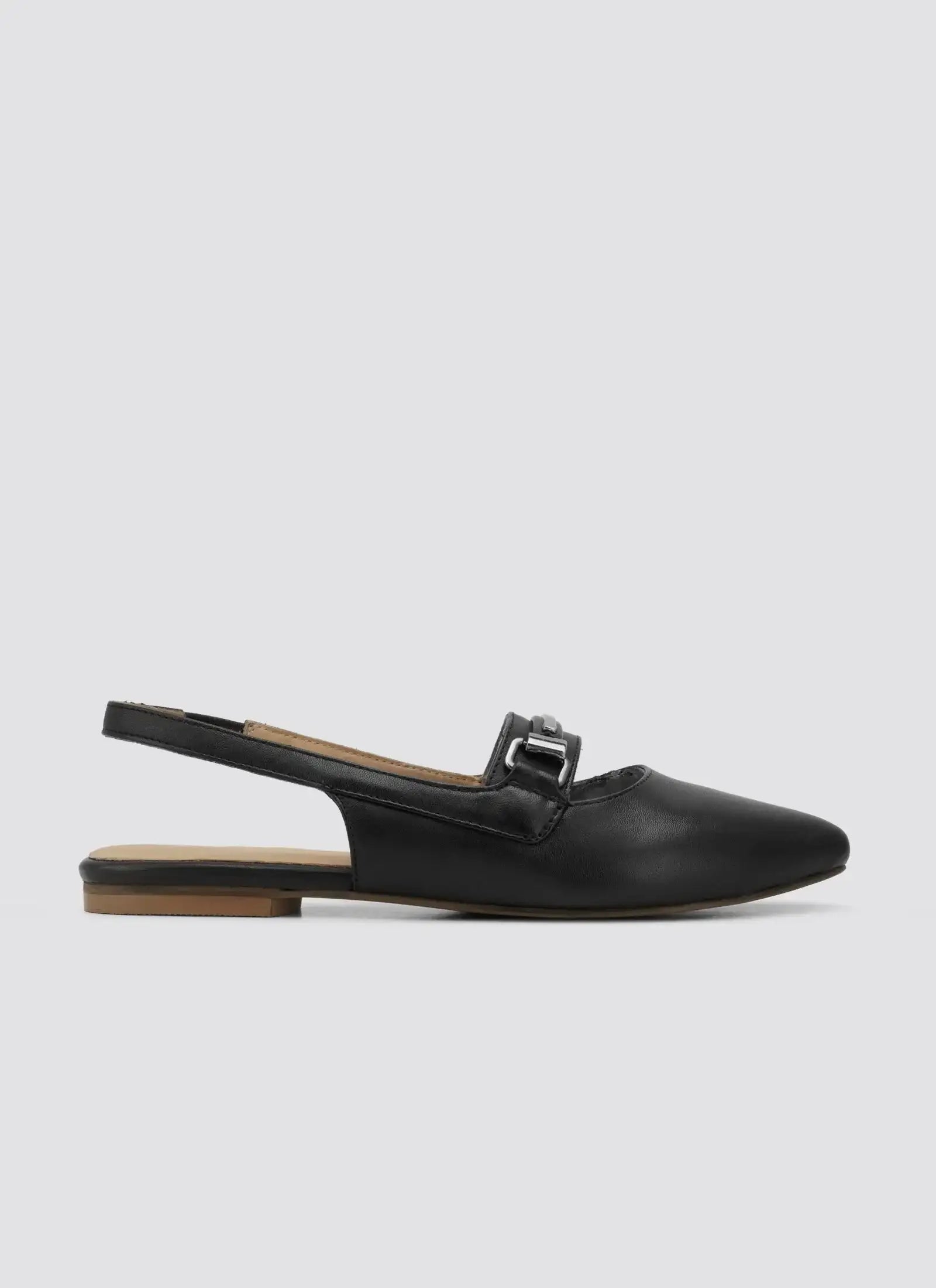 Women's black leather slingback flat shoe with buckle detail, side view on white background