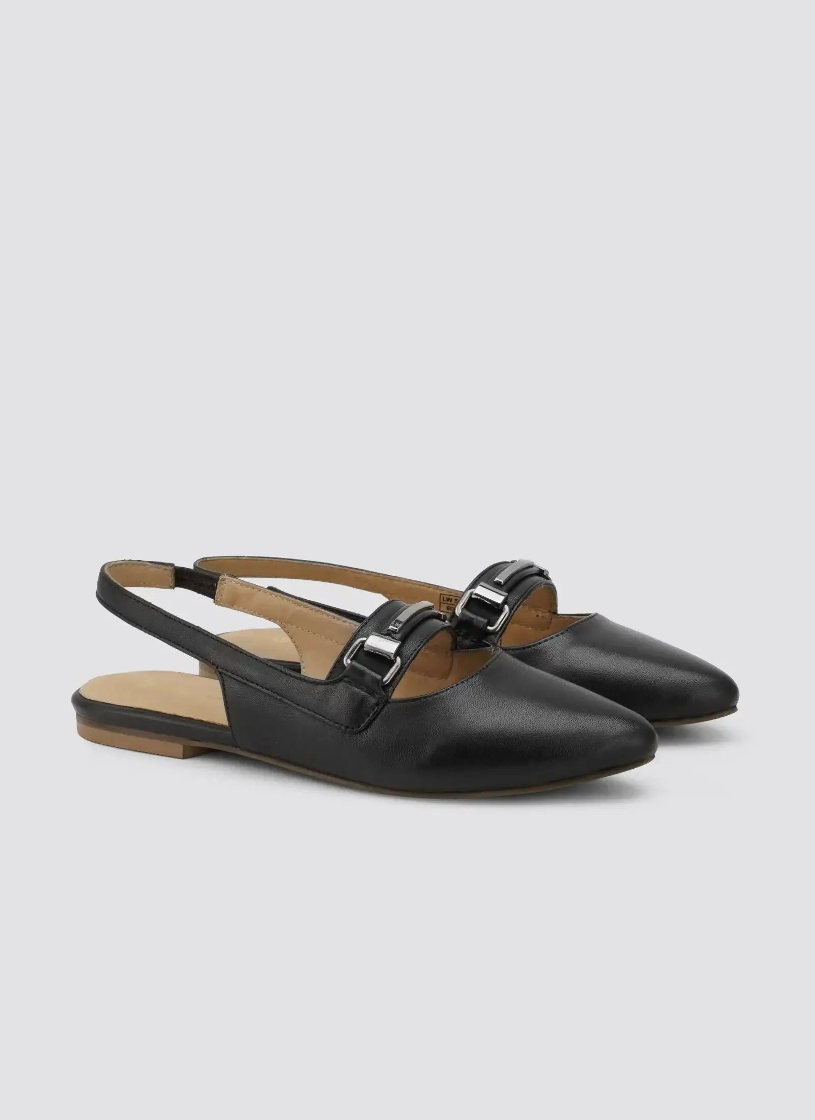 Women's black slingback flats with pointed toe and buckle detail on white background