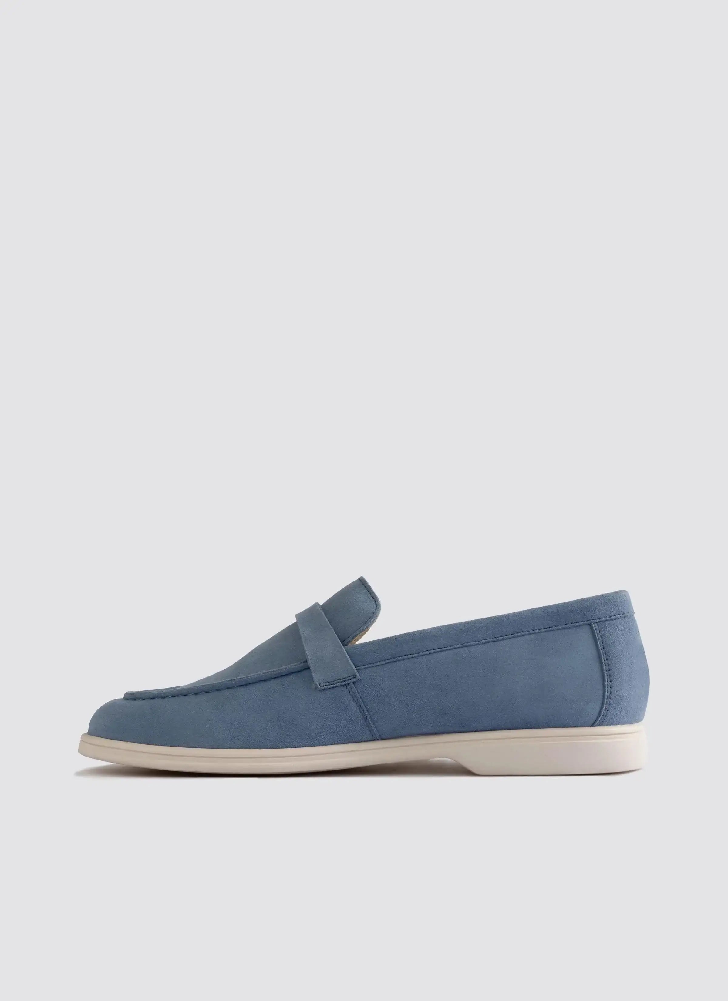 Sky blue suede loafer for men with white sole, classic slip-on dress shoe