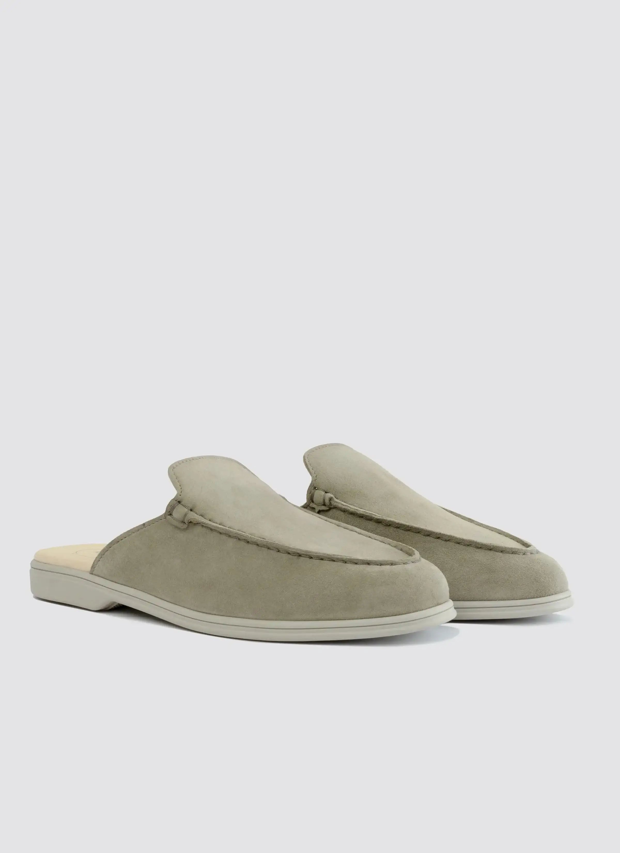 Light olive suede men's slip-on mules with rubber sole, minimalist loafer style