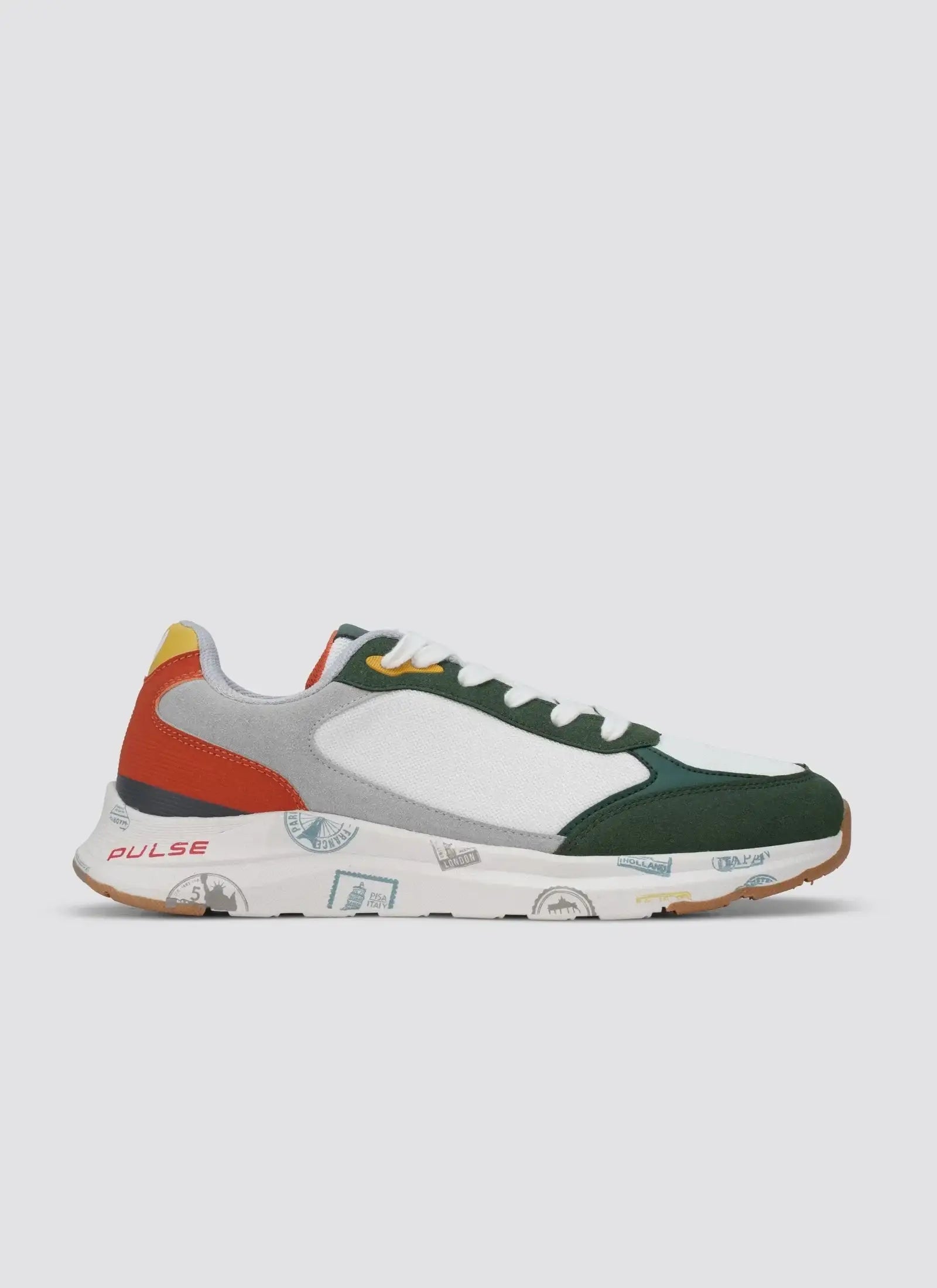 Colorful men's sneaker with white mesh, green, grey, red panels, and printed sole, side view