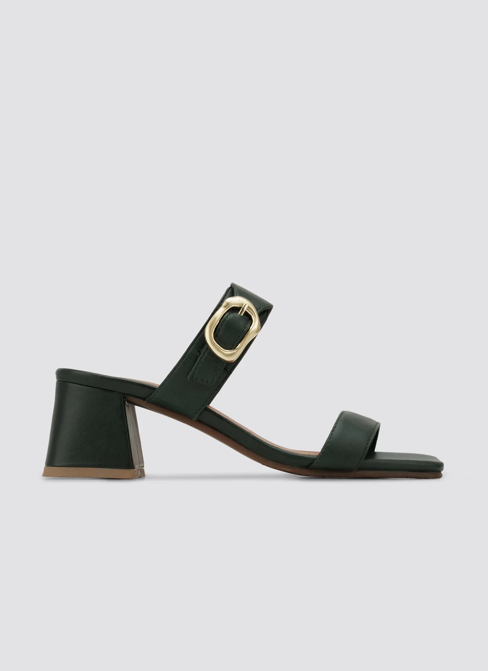 Green block heel sandal with gold buckle and double straps on a white background #color_sage