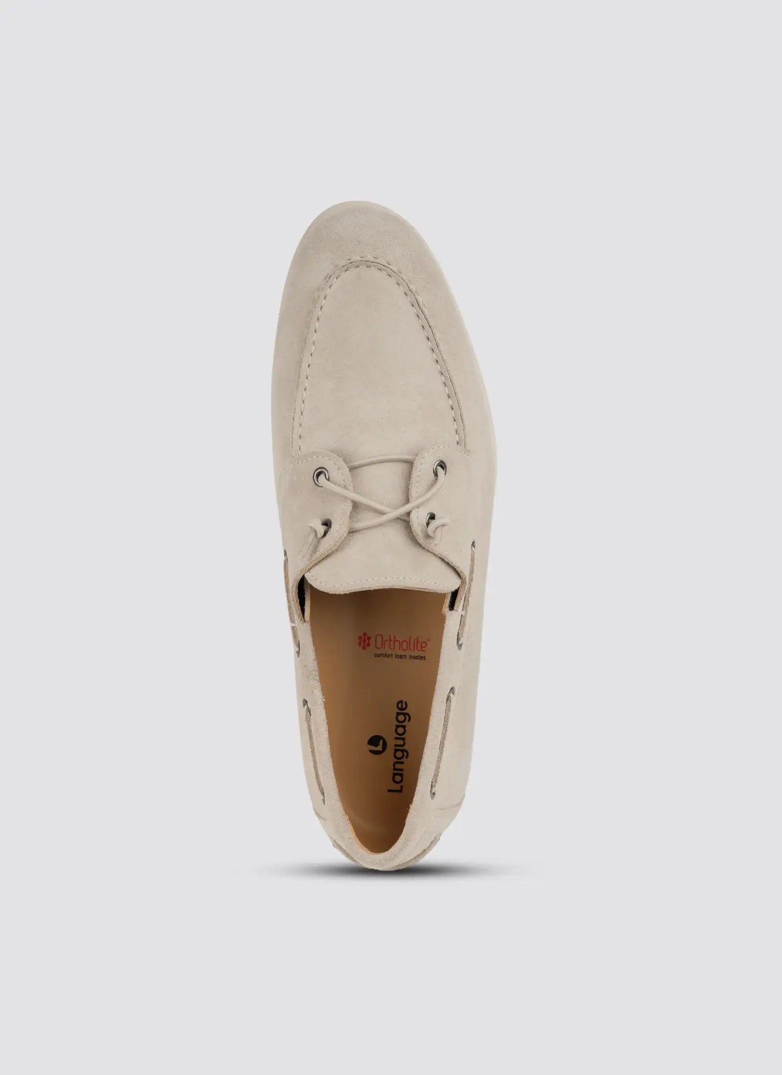 Top view of a beige suede men's loafer with laces and Ortholite insole