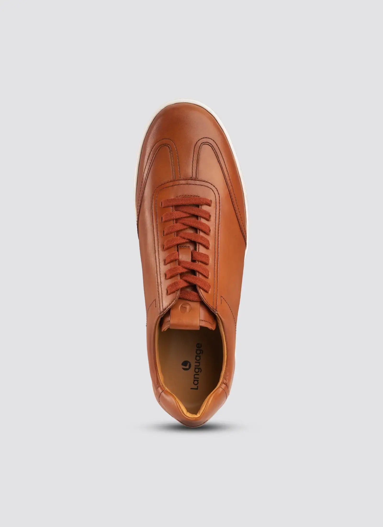 Top view of brown leather lace-up sneaker with white sole on grey background