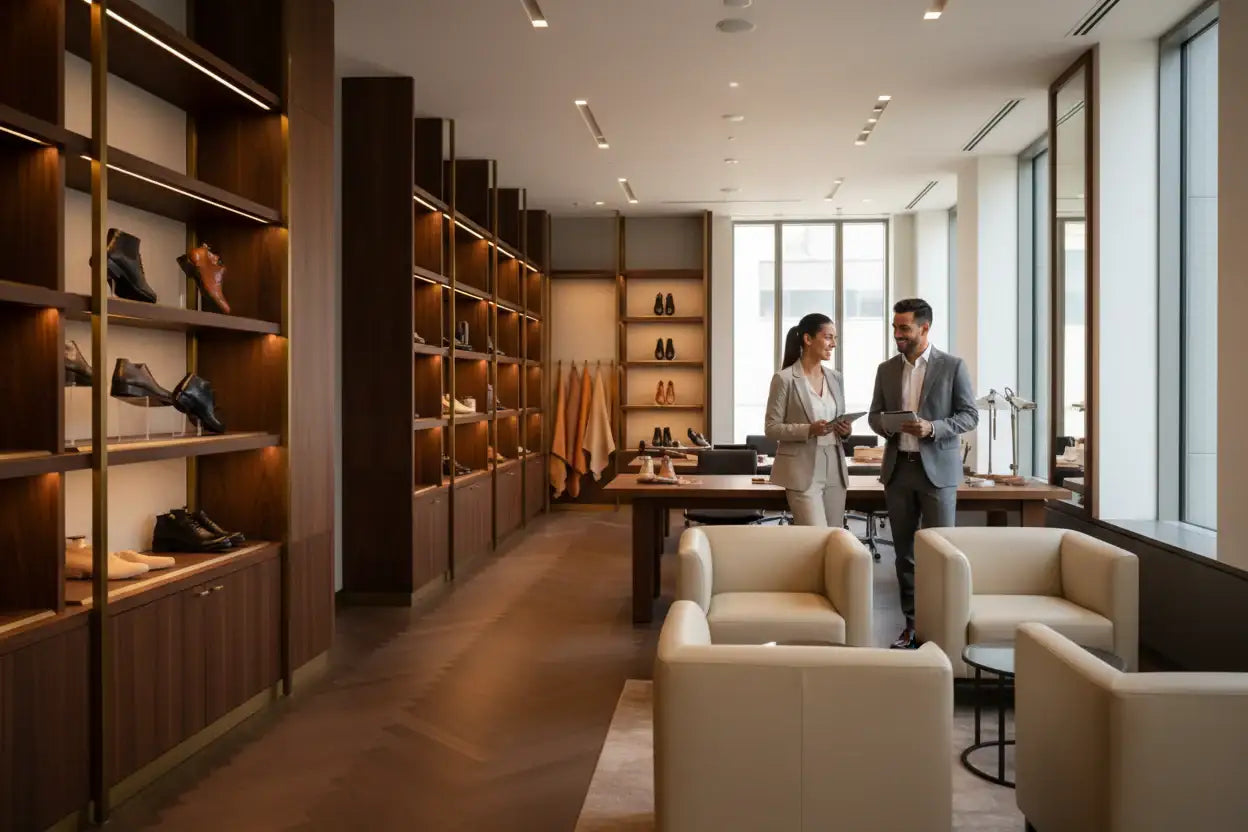 Modern shoe store interior with stylish footwear display and two professionals in conversation