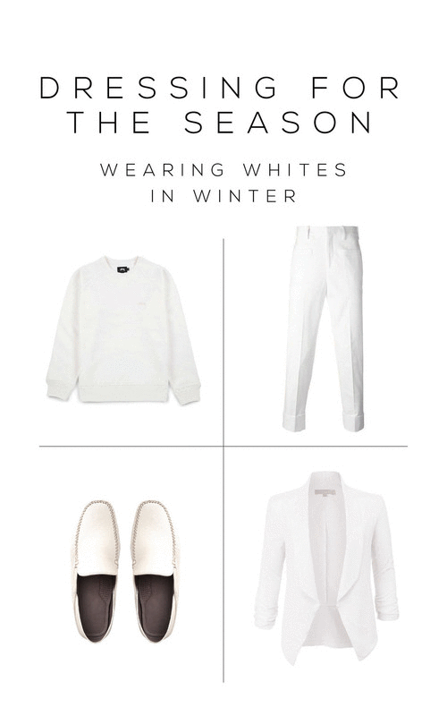 White winter fashion essentials including sweater, trousers, loafers, and blazer for seasonal style.