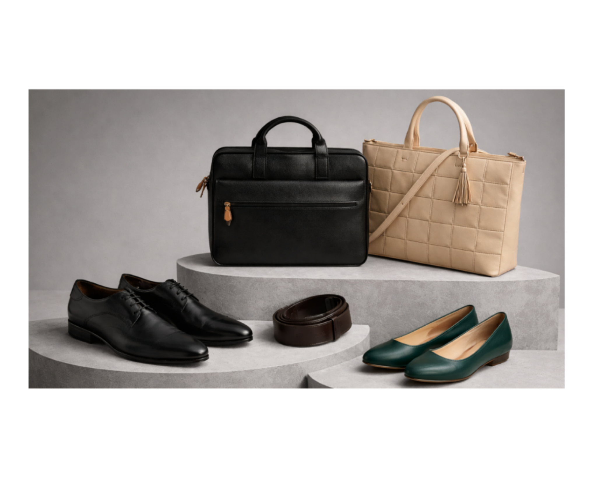 Premium men's and women's shoes, black laptop bag, beige tote bag, brown belt on display