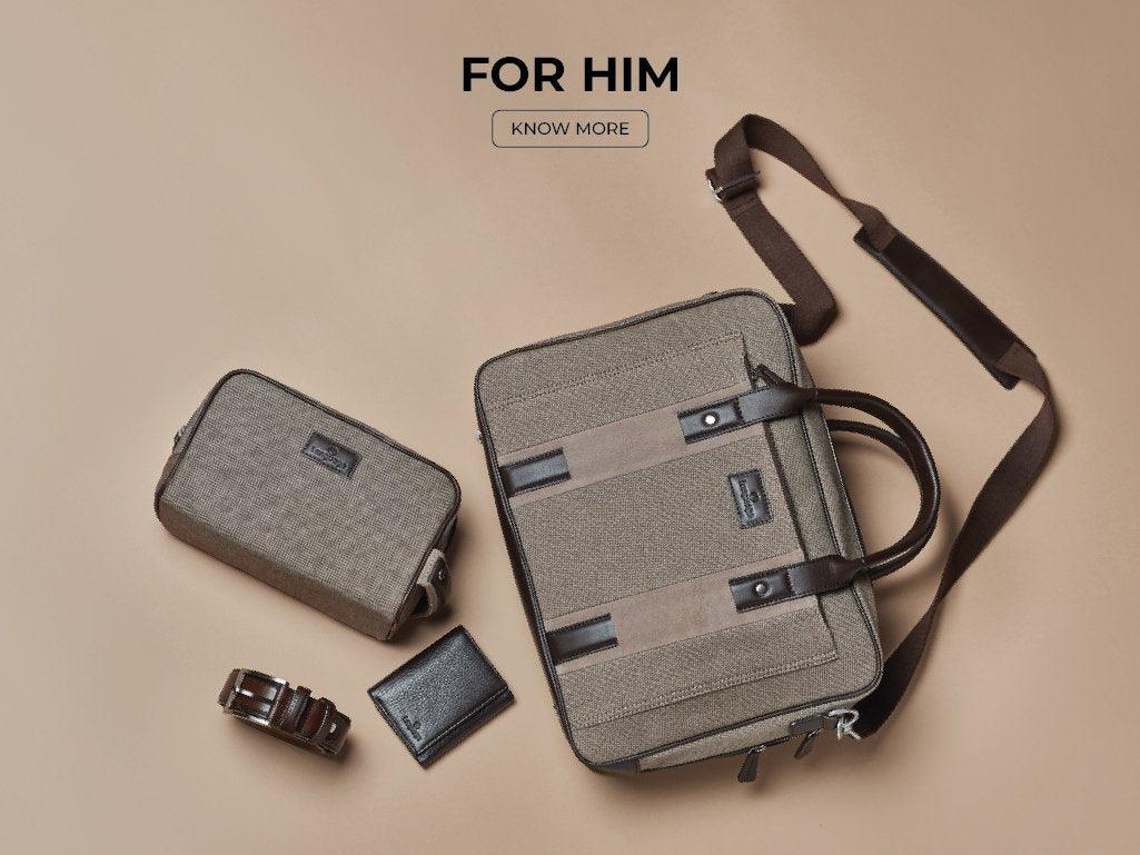 Men's accessories set with briefcase, travel pouch, belt, and wallet on beige background