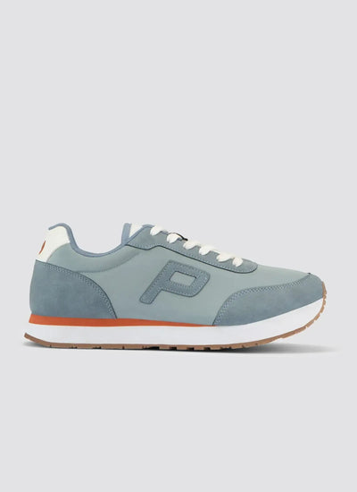 Light blue men's sneaker with suede accents, white laces, and orange sole stripe on white background 