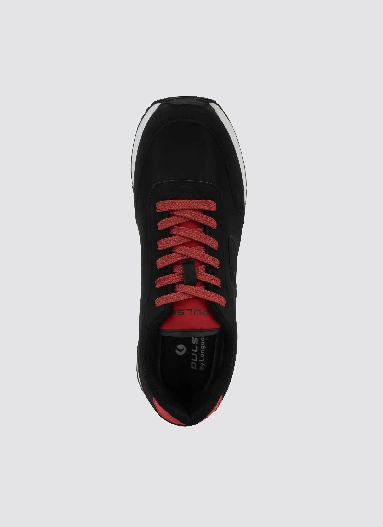 Black sneaker with red laces, white sole, top view, stylish casual footwear 