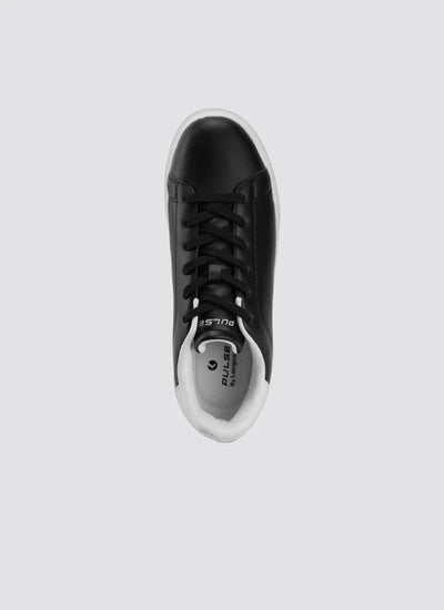 Black lace-up sneaker with white sole, top view, minimalist shoe design 