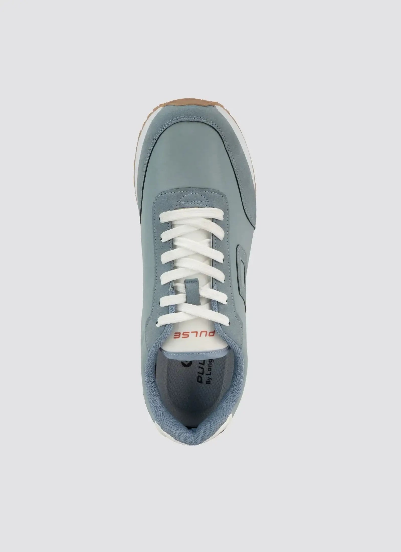 Top view of a blue men's sneaker with white laces and 'PULSE' text on the tongue  