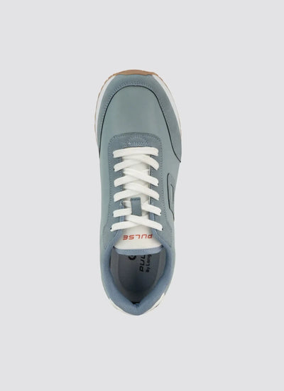 Top view of a blue men's sneaker with white laces and 'PULSE' text on the tongue  