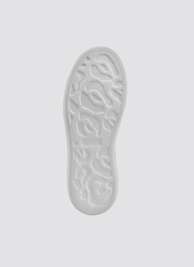 White shoe sole with textured grip pattern, footwear product photography, isolated on grey 