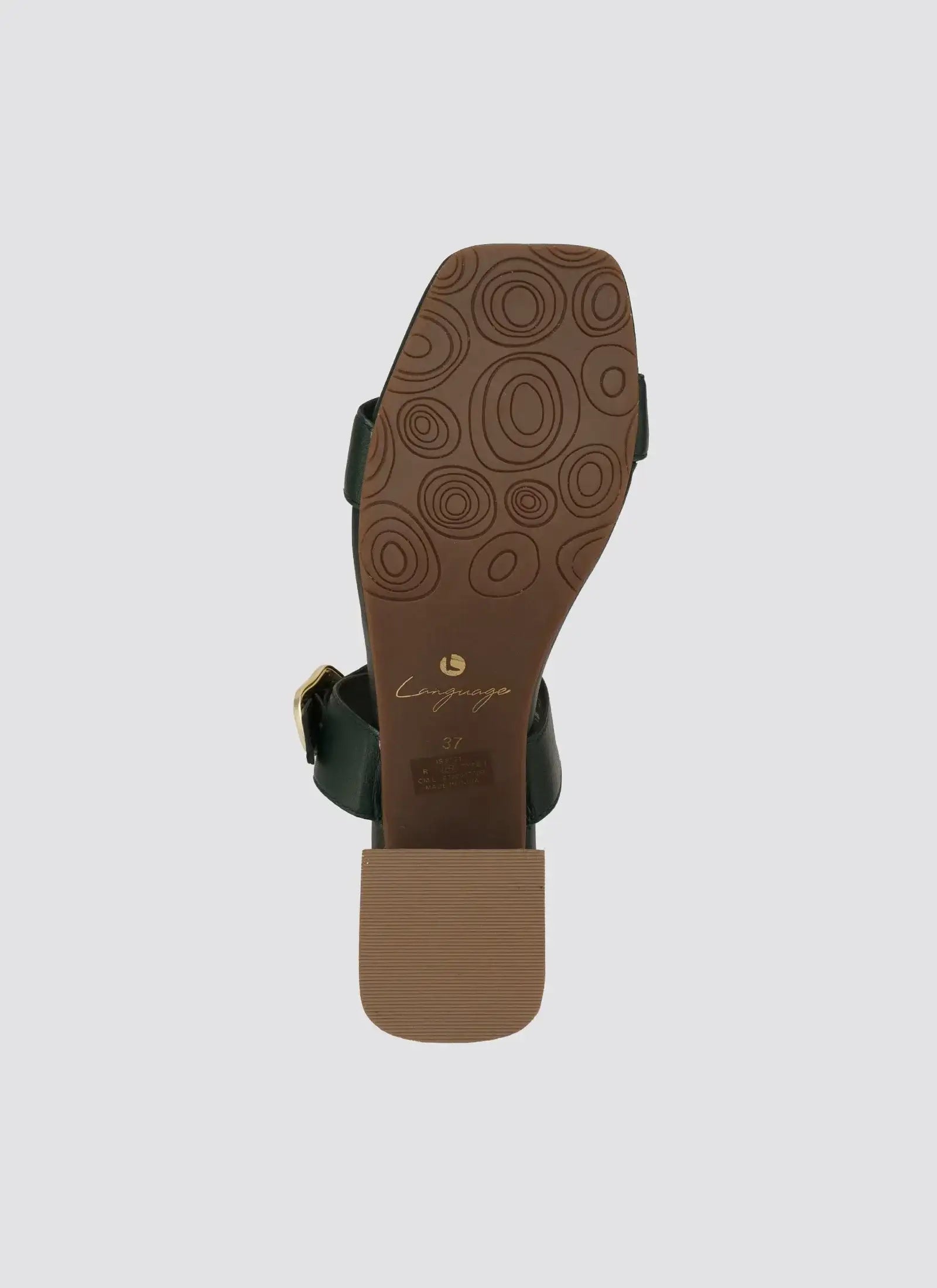 Sandal sole with circular grip pattern, block heel, and engraved branding, size 37  