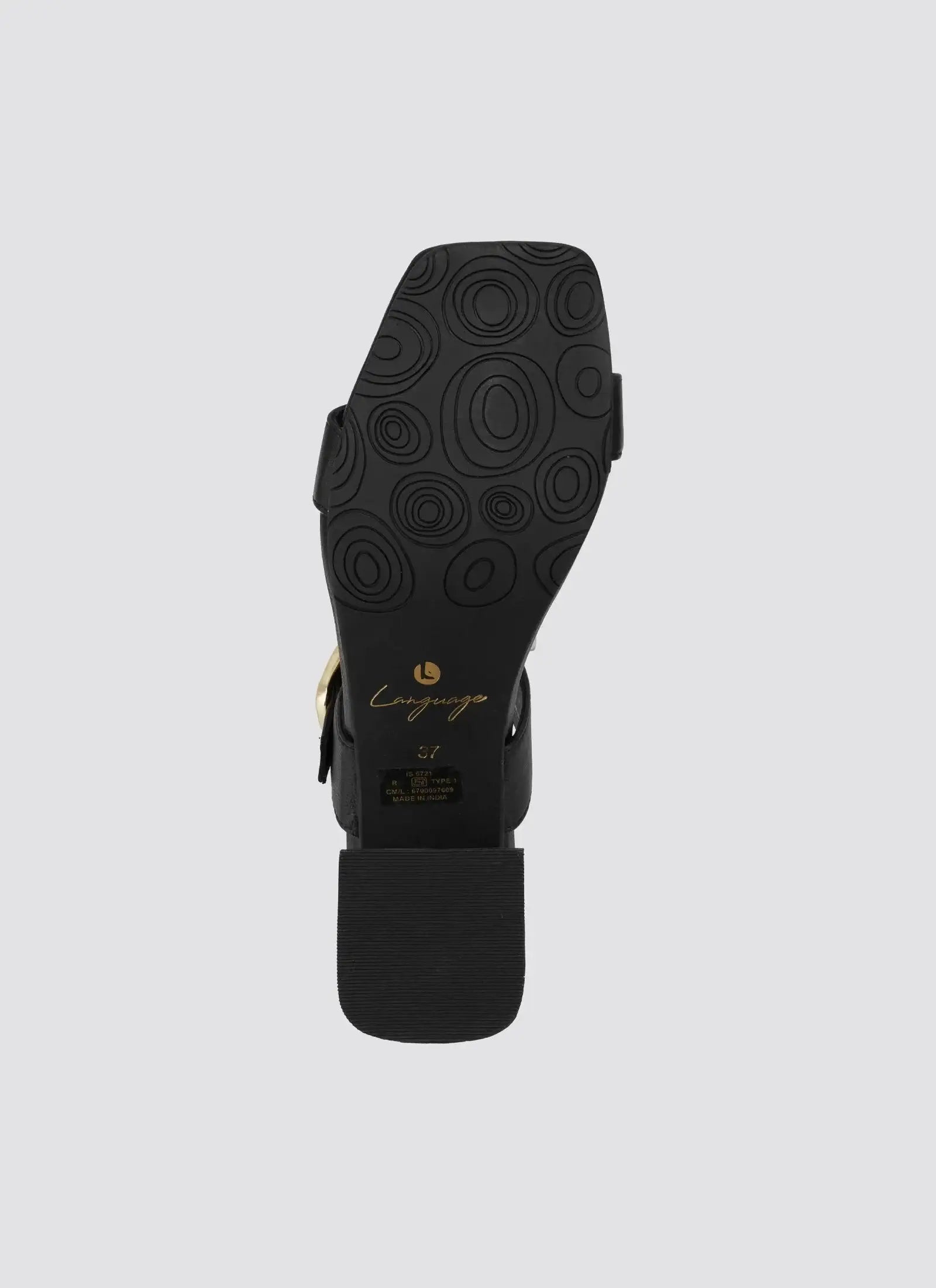 Black sandal sole with circular tread pattern and gold branding, square toe design 