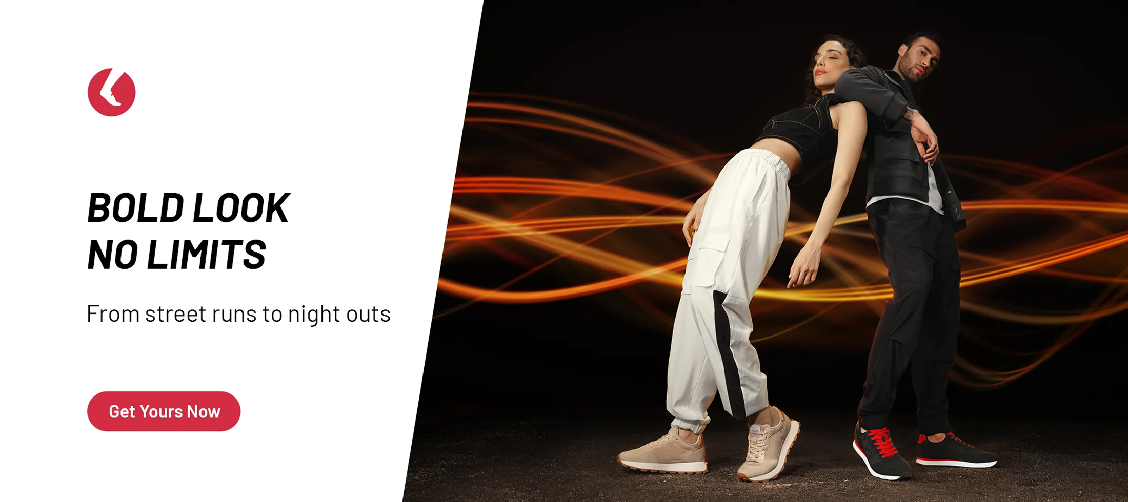 Man and woman in stylish sneakers and sporty outfits, dynamic light trails background