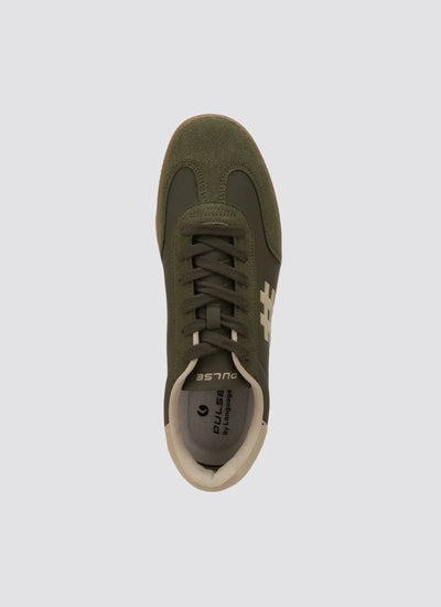 Olive green lace-up sneaker with suede and leather panels, top view, beige sole, casual footwear. 