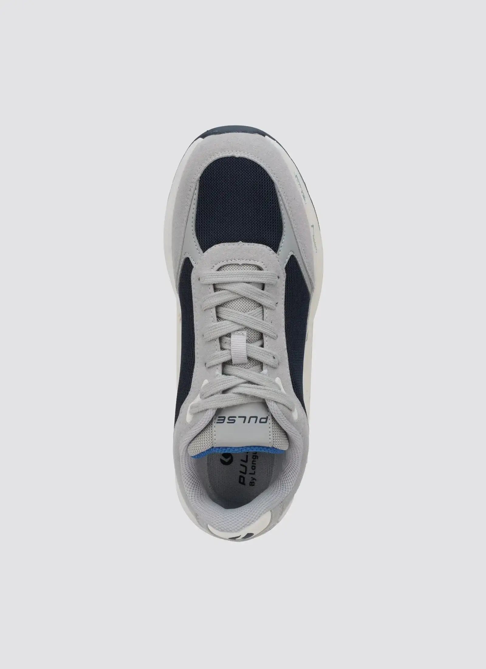 Top view of a grey and navy blue men's sneaker with mesh and suede details 