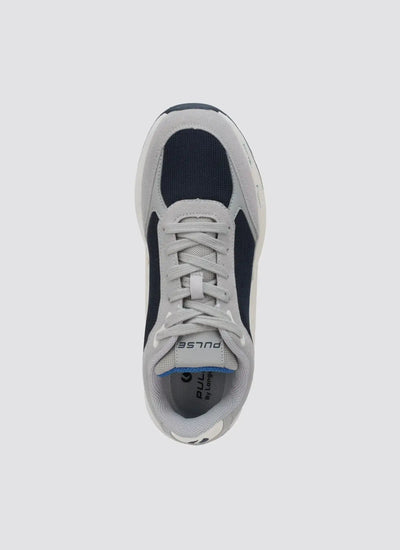 Top view of a grey and navy blue men's sneaker with mesh and suede details 
