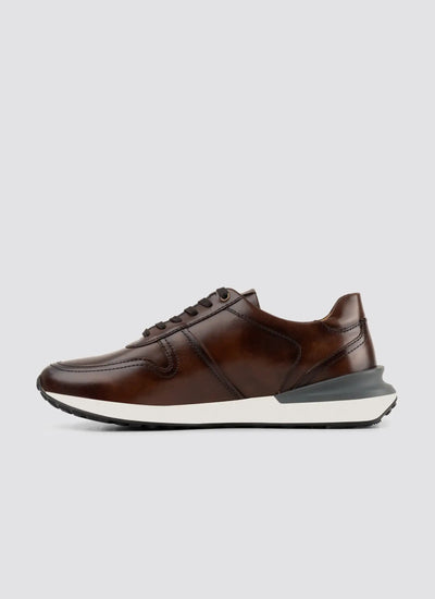 Brown leather casual sneaker with white sole, men’s footwear on plain background  