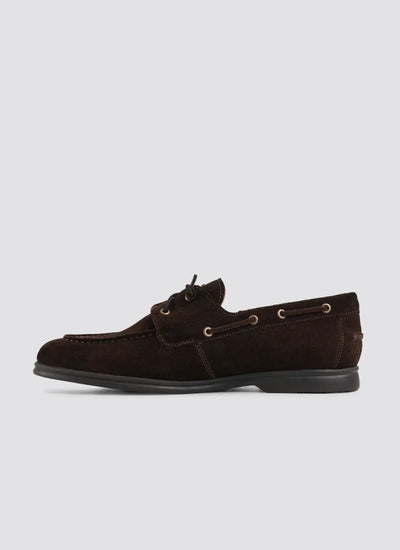 dark brown suede men's loafer with lace details and rubber sole on white background 