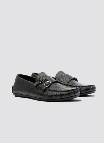 Black textured leather loafers for men with double buckle detail 