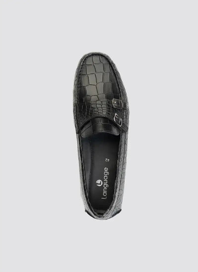 Black men's loafer with crocodile texture and double monk strap detail, top view 
