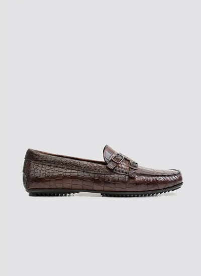 Men's brown crocodile-texture leather loafer with double buckle and rubber  sole 