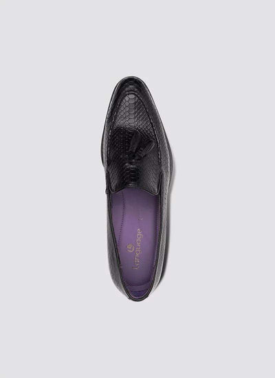 Black textured leather tassel loafer shoe with purple insole, top view 