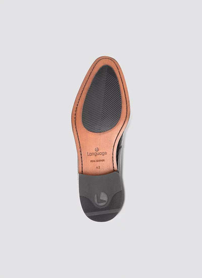 Black formal shoe with leather and rubber sole, showing herringbone grip and size marking 