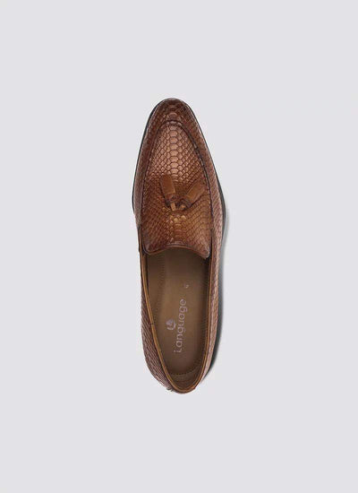 Tan textured leather tassel loafer for men, top view, elegant formal footwear 