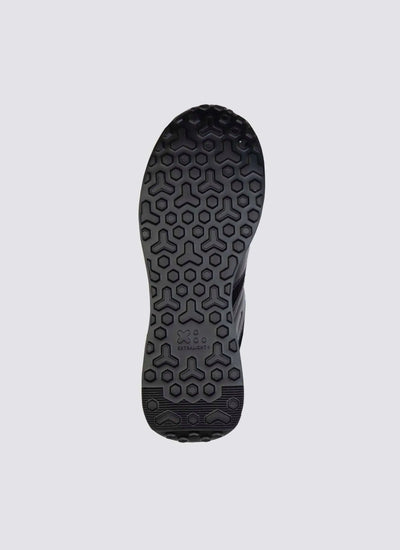 Black shoe outsole with hexagonal textured grip and Extralight branding 