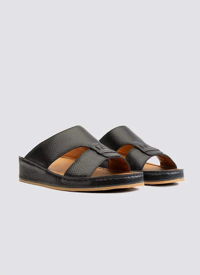Men’s black leather open-toe sandals with cross straps and textured sole on white background 