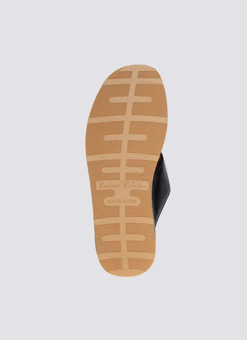 Black leather footwear with tan textured sole, handmade exclusive sandal for men or women 