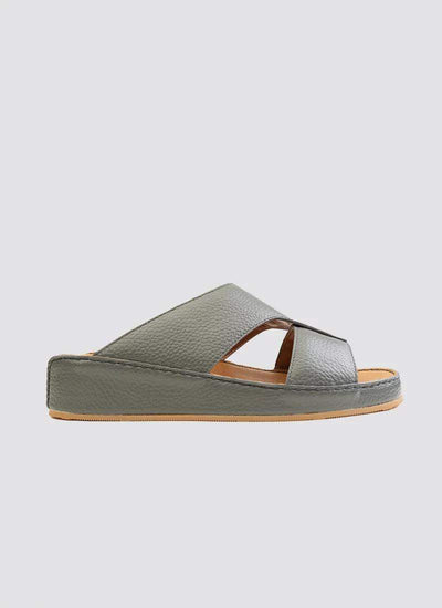 Grey leather slip-on sandal with open toe and wide crossover straps for men 