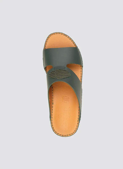 Green leather men's slide sandal with tan insole and stitched detailing, top view 