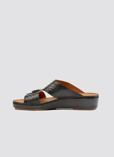 Black textured leather slip-on sandal for men with buckle detail and open toe design
