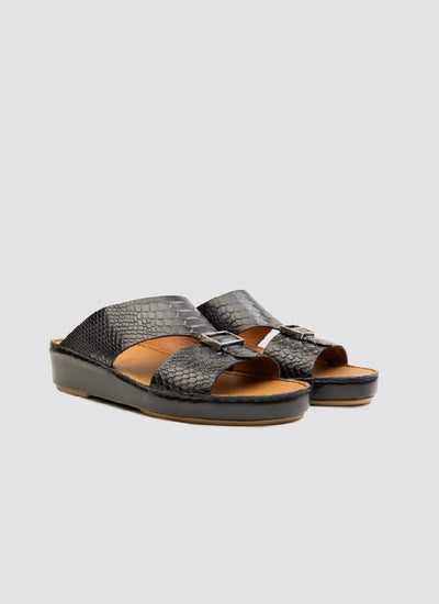 Men's black textured leather sandals with buckles and open toe design on a grey background