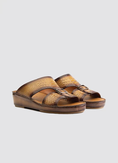 Brown textured leather slide sandals with buckles and wedge soles for men