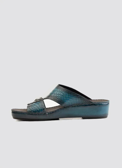 Turquoise slide sandal with textured, snakeskin-style upper and low wedge sole for men