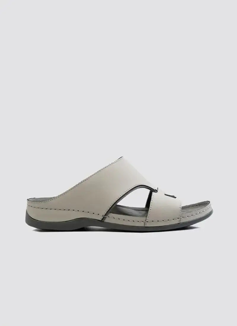 Grey men's leather slide sandal with open toe and contrast stitching on white background 